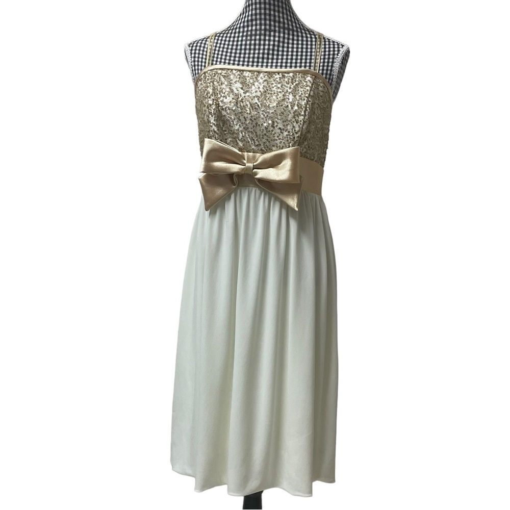 Jessica McClintok for Gunne Sax Juniors Gold Cream Sequin Satin Bow Dress Size 1